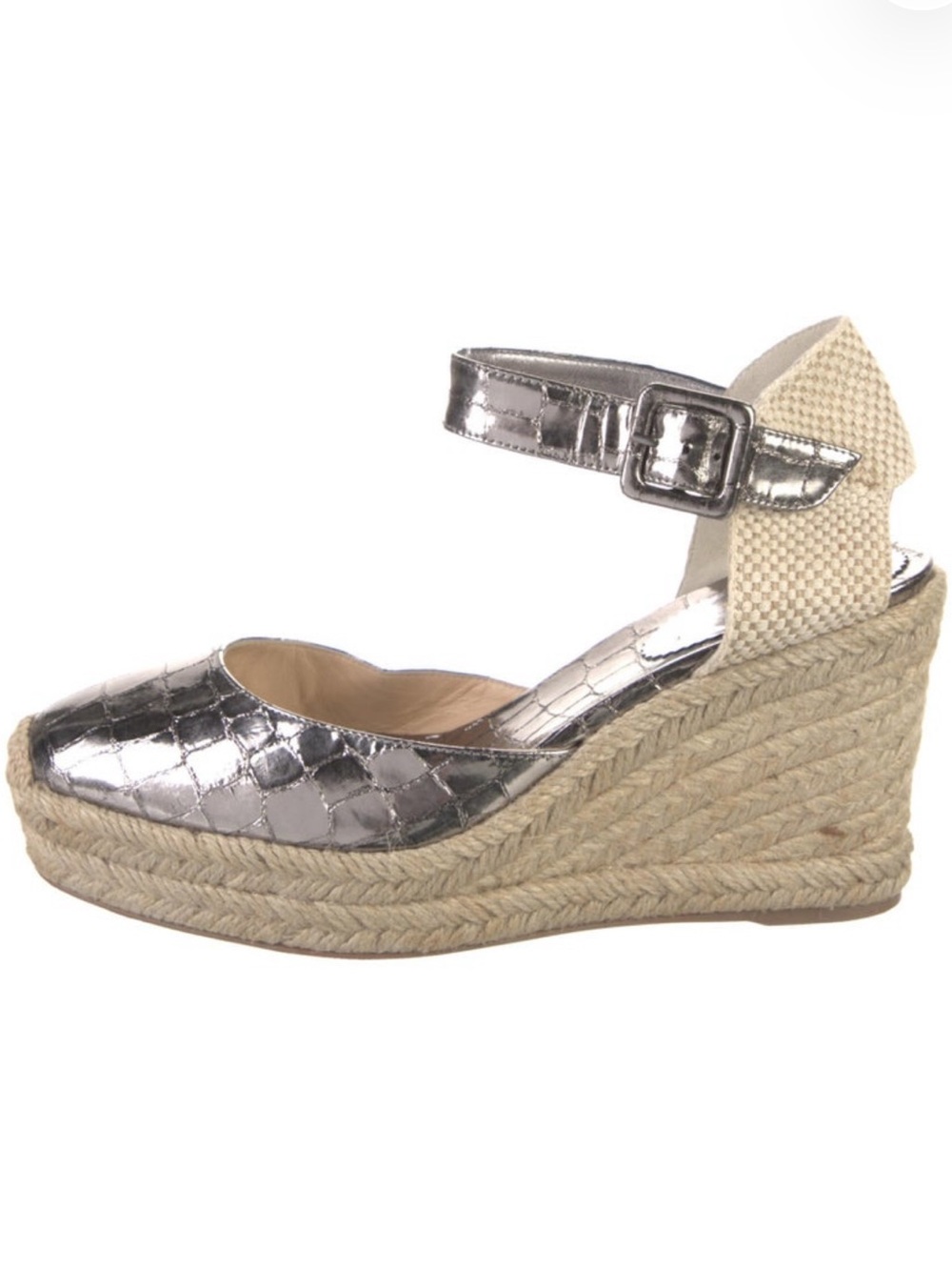 Christian Louboutin Metallic Silver Espadrille Wedge Sandals with Ankle Strap